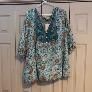 BloomChic Blue and White 3/4 Sleeve Bib Collar Blouse